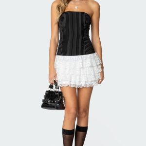 Strapless Pinstripe Ruffle Skirt Mini Dress