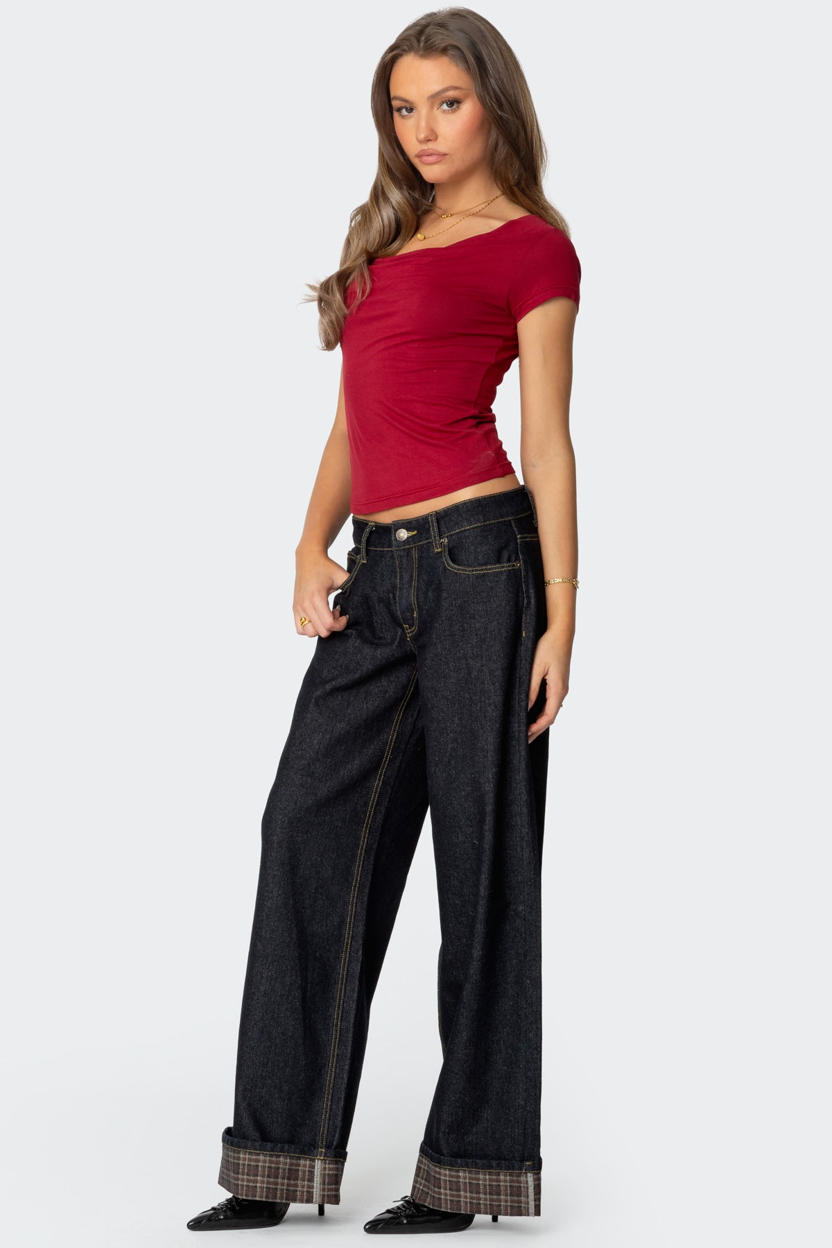 Plaid Cuffed Low Rise Jeans - Image 3