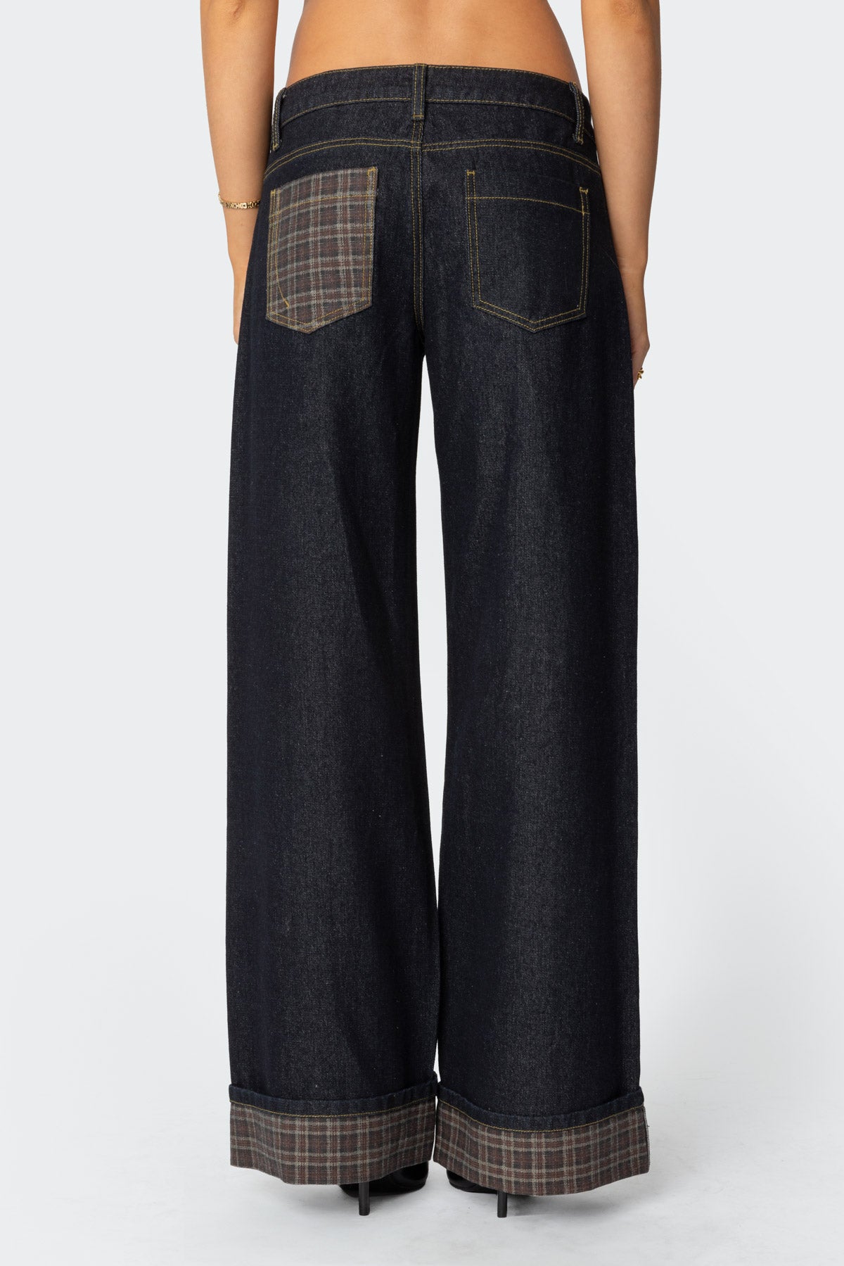 Plaid Cuffed Low Rise Jeans - Image 2