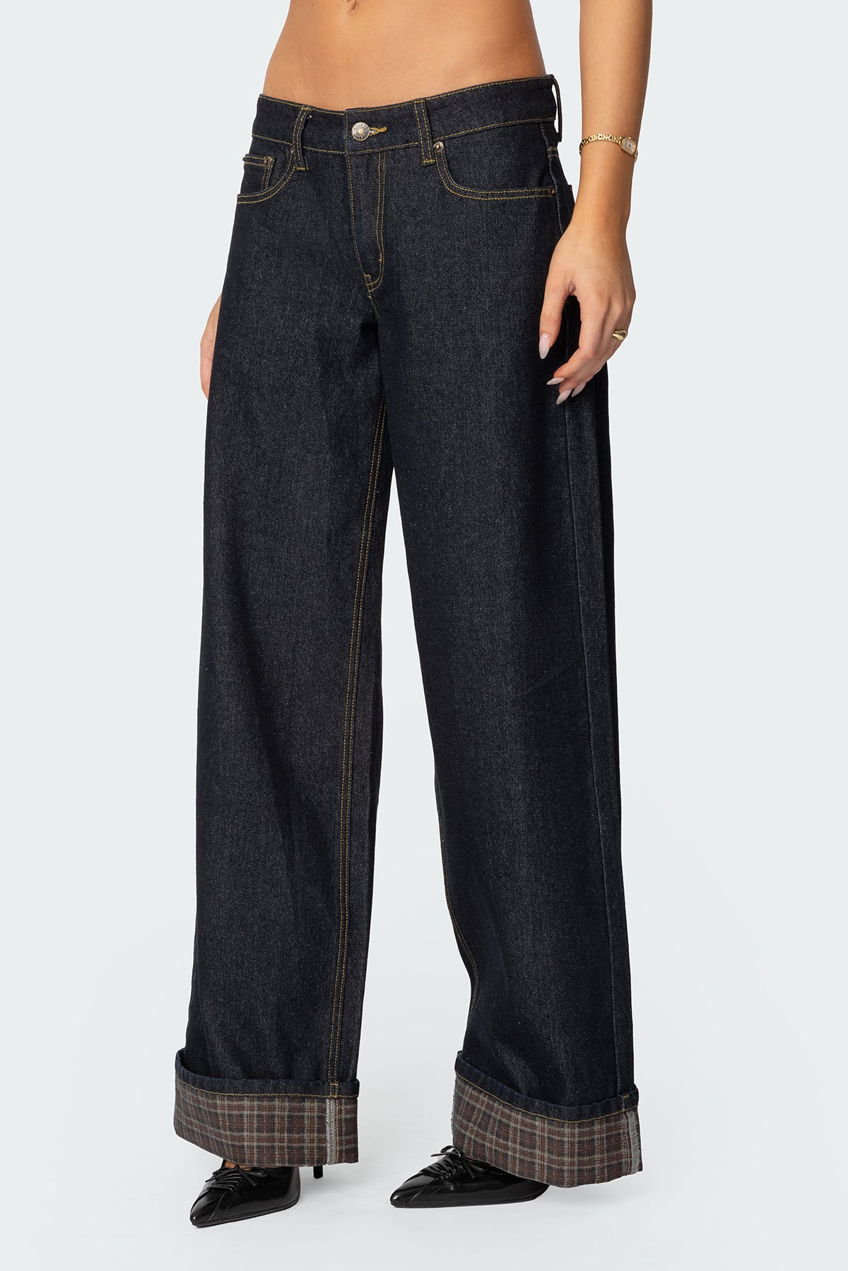 Plaid Cuffed Low Rise Jeans - Image 5