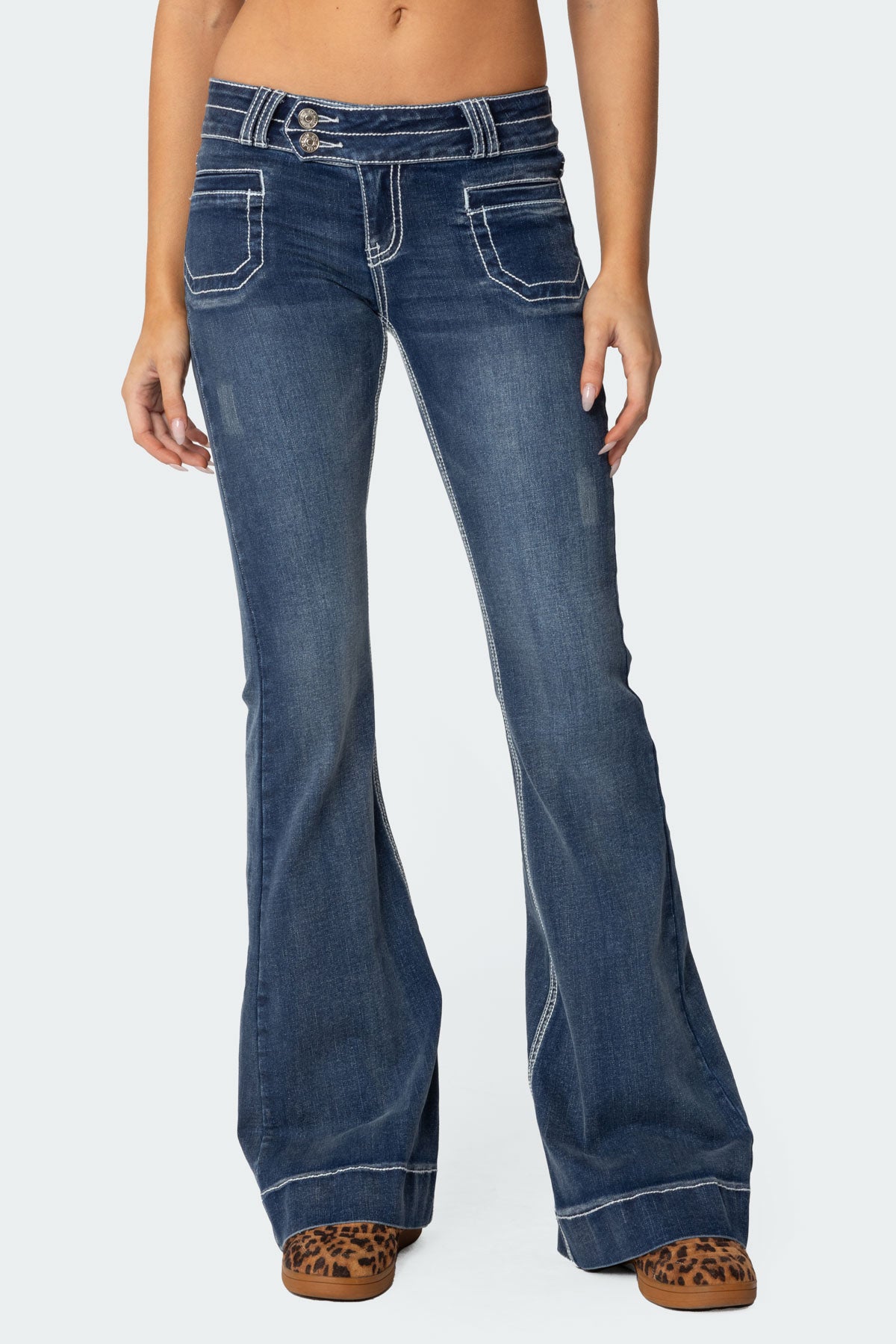 Contrast Stitch Low Rise Flared Jeans - Image 2