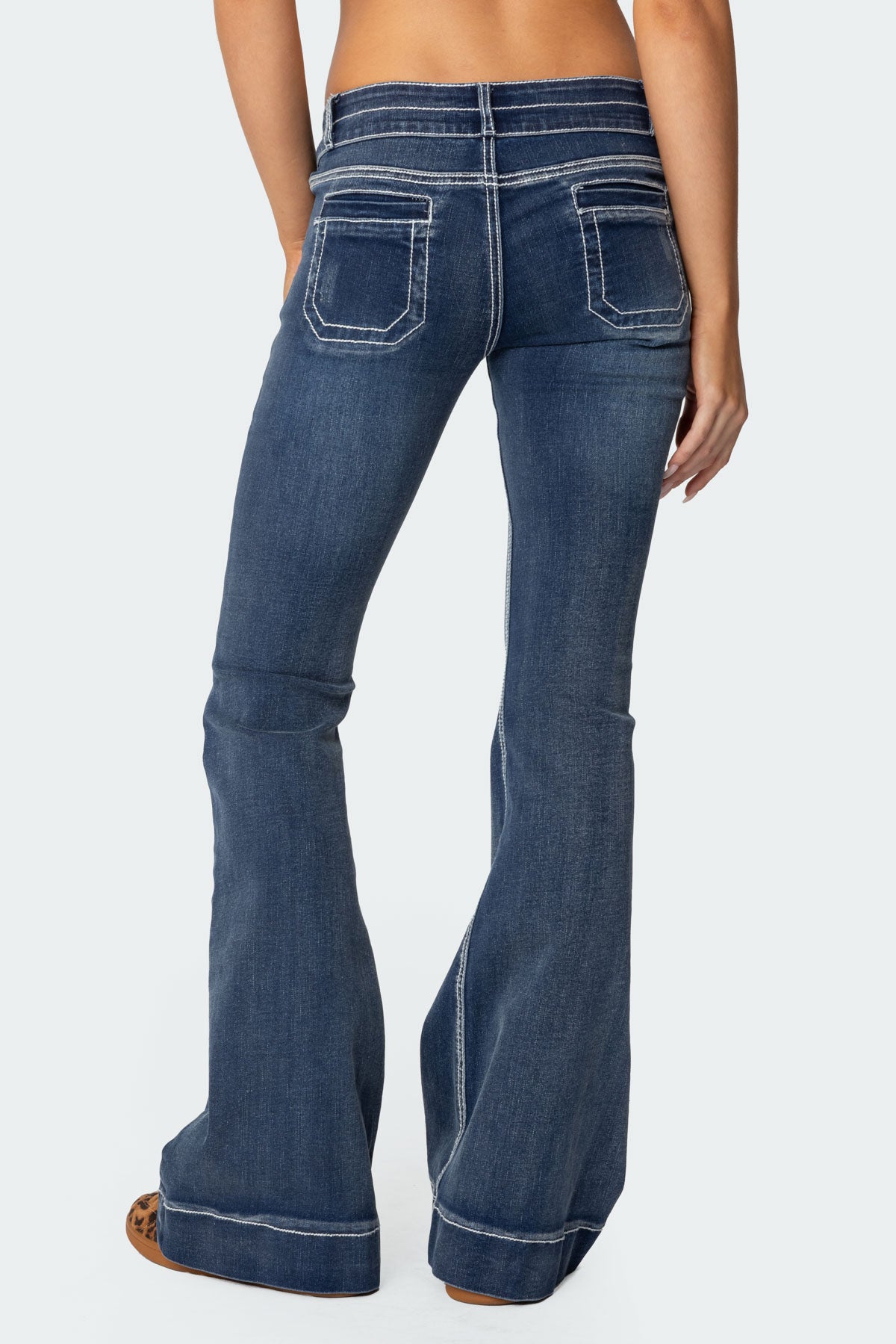 Contrast Stitch Low Rise Flared Jeans - Image 5