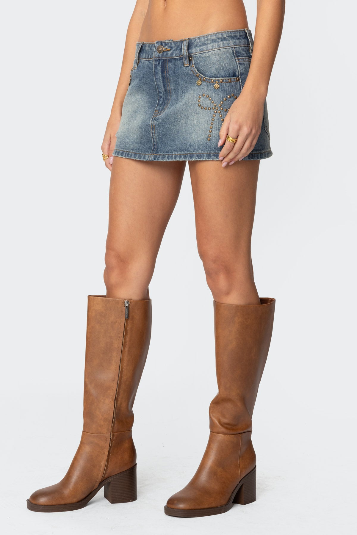 Studded Bow Distressed Denim Mini Skirt - Image 3