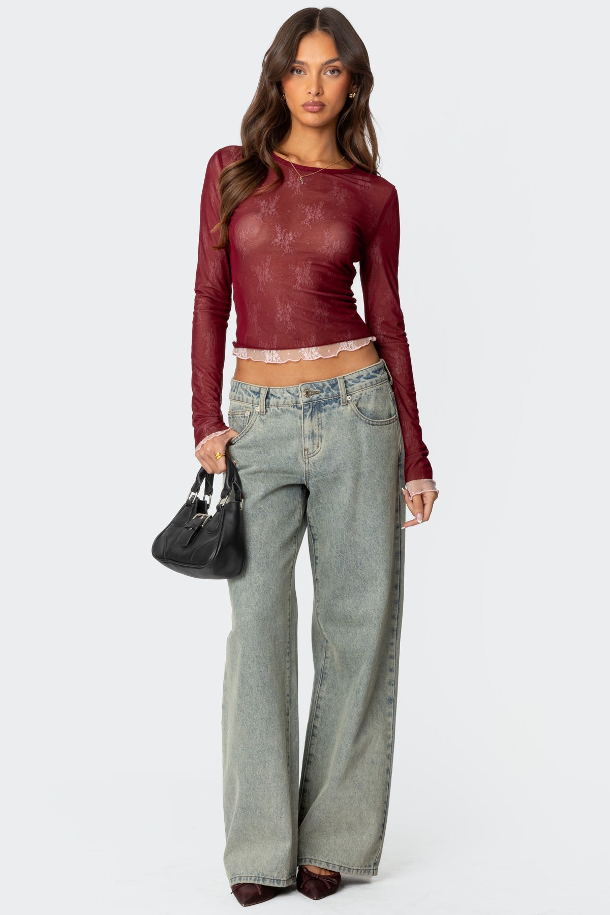 Lacey Sheer Mesh Crew Neck Top - Image 2