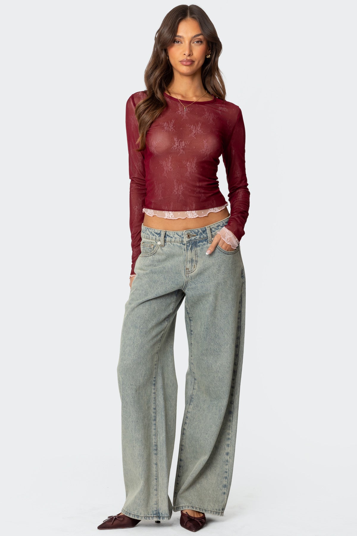 Lacey Sheer Mesh Crew Neck Top - Image 4