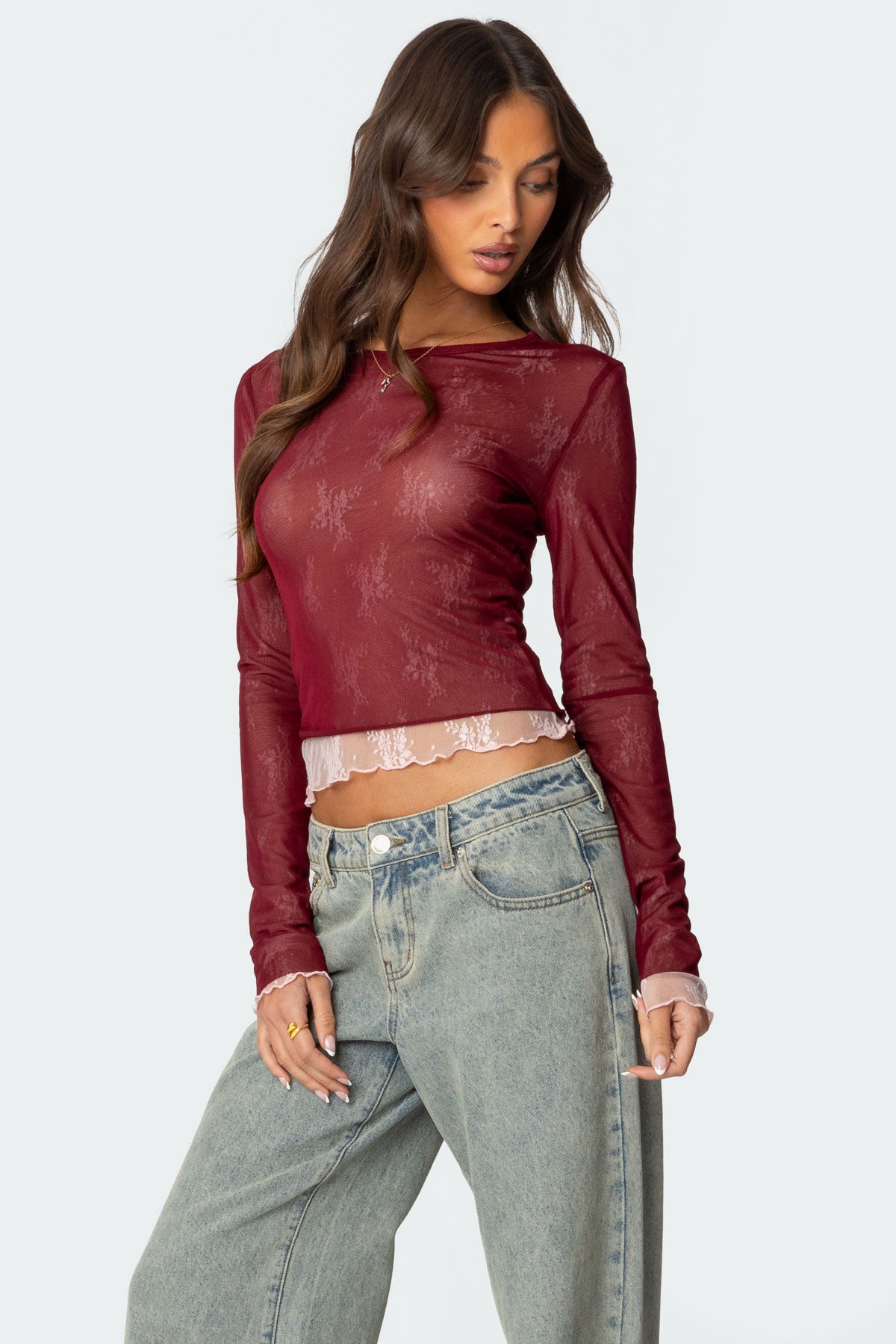 Lacey Sheer Mesh Crew Neck Top - Image 3