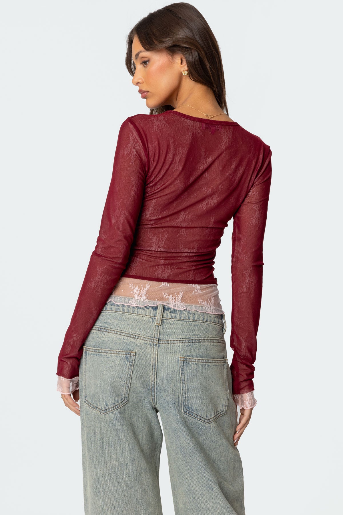 Lacey Sheer Mesh Crew Neck Top - Image 5