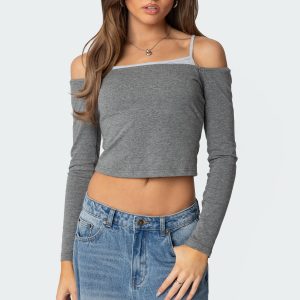 Off Shoulder Layered Long Sleeve T Shirt