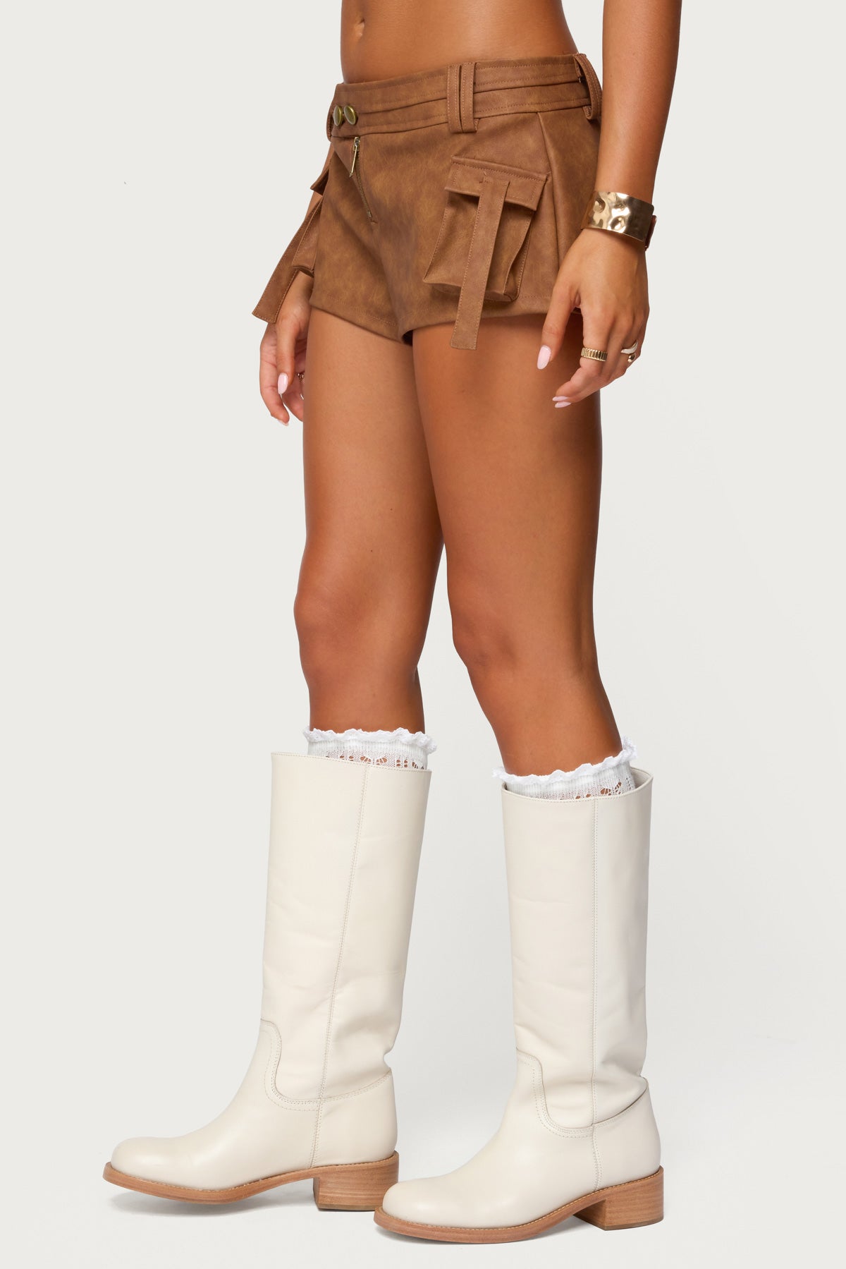 Washed Faux Leather Micro Cargo Shorts - Image 4